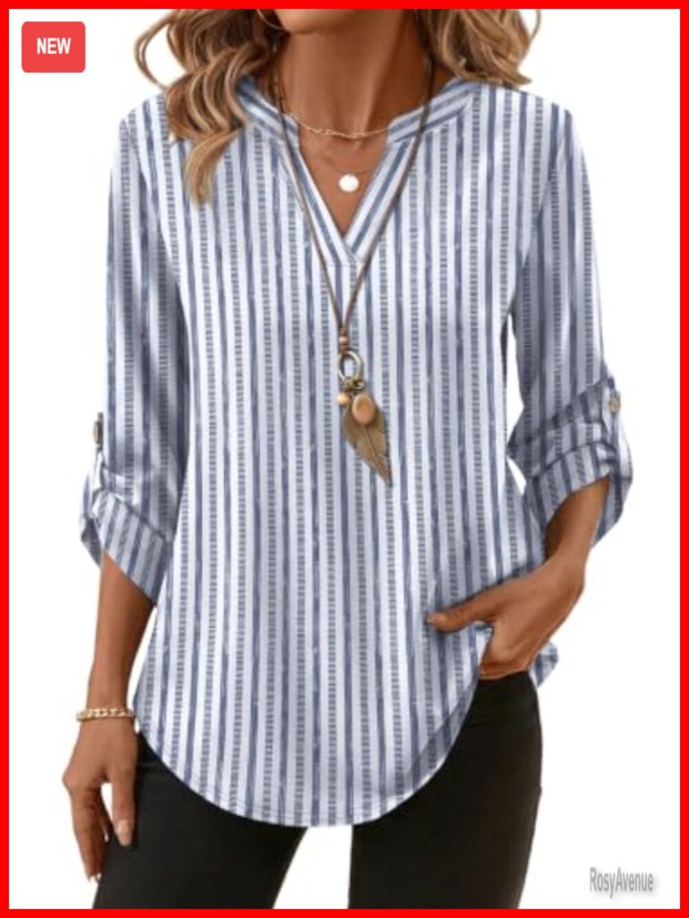 Womens 3/4 Sleeve V Neck Button Side Blouse Loose Fit Business Casual Top